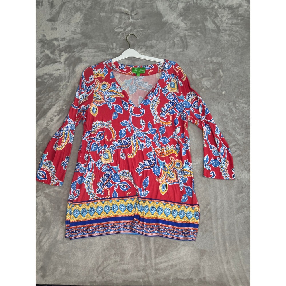 Cappagallo Women's Size L Red Floral Print V Neck Tunic‎ Top